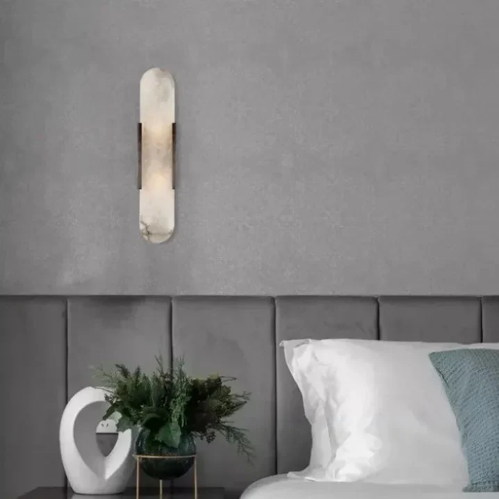 Wandlamp met Natuursteen en Metalen Kap Zwart Goud 35cm 50cm LED Verlichting voor Slaapkamer Woonkamer Interieur | Sansoti