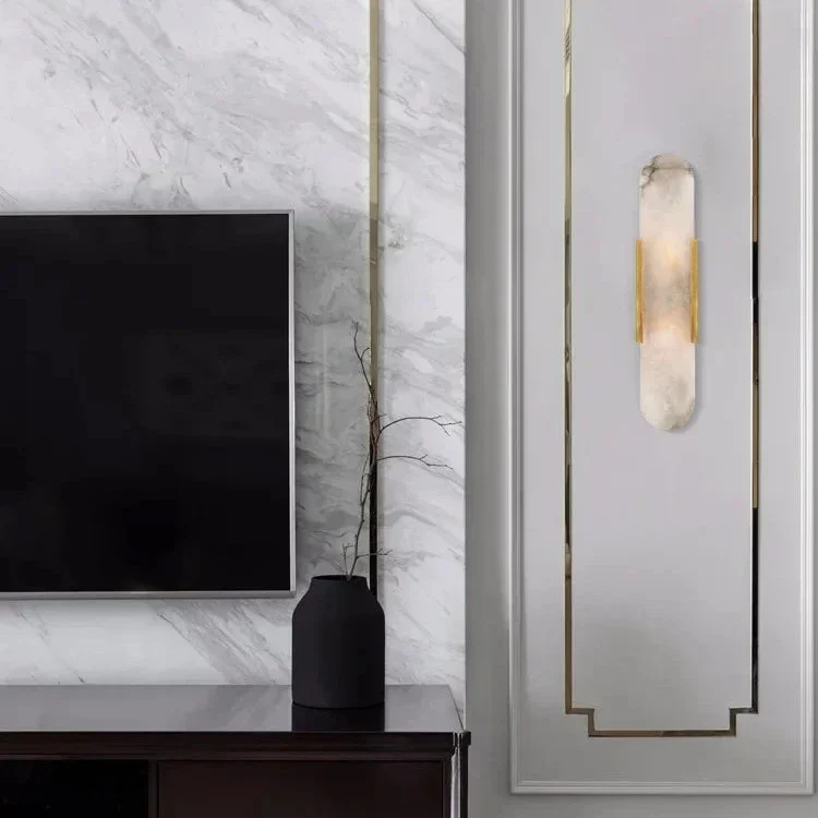 Wandlamp met Natuursteen en Metalen Kap Zwart Goud 35cm 50cm LED Verlichting voor Slaapkamer Woonkamer Interieur | Sansoti