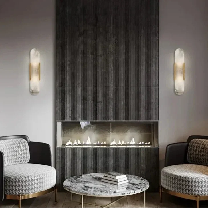 Wandlamp met Natuursteen en Metalen Kap Zwart Goud 35cm 50cm LED Verlichting voor Slaapkamer Woonkamer Interieur | Sansoti