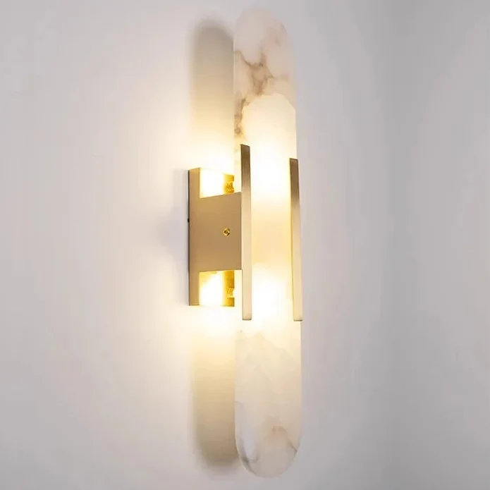 Wandlamp met Natuursteen en Metalen Kap Zwart Goud 35cm 50cm LED Verlichting voor Slaapkamer Woonkamer Interieur | Sansoti