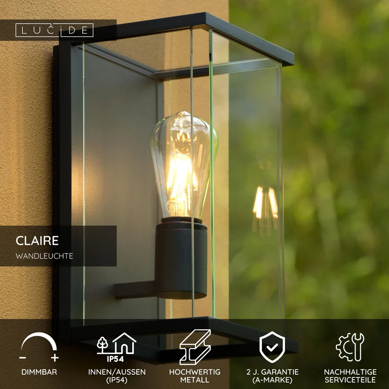 Außenwandleuchte Claire IP54 mit Glasschirm Anthrazit