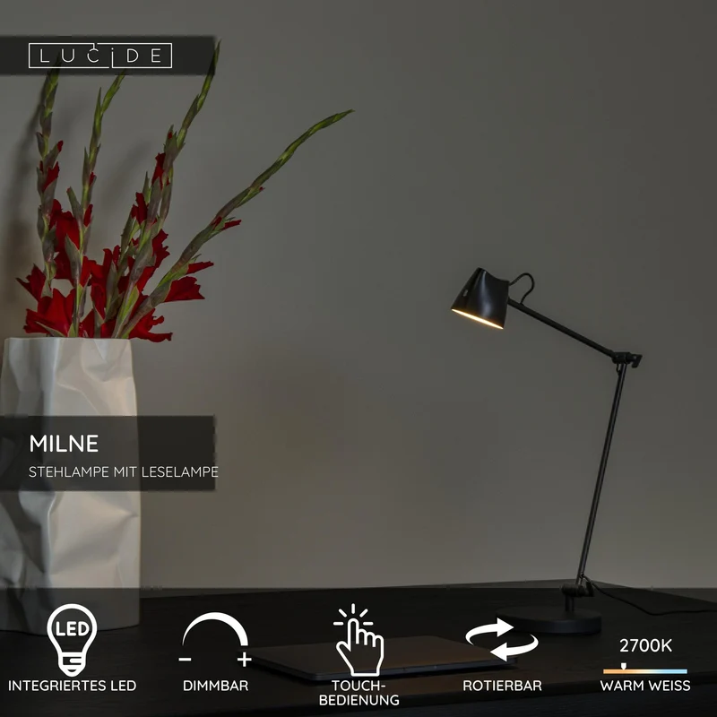 LED-Lese-Stehleuchte Milne drehbar mit Touchdimmer Schwarz