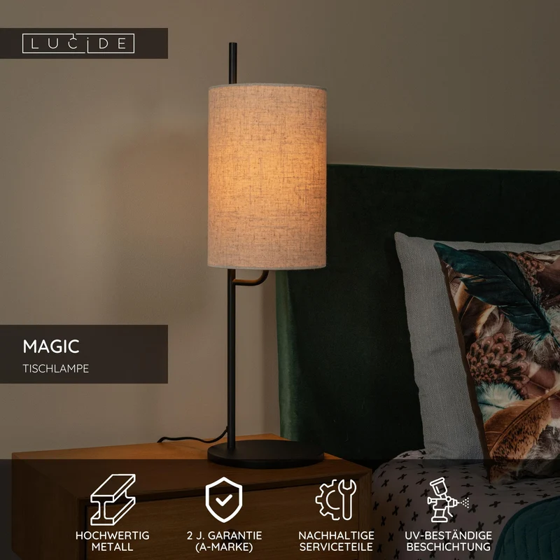 Tischleuchte Magic mit Leinenschirm und indirektem Licht