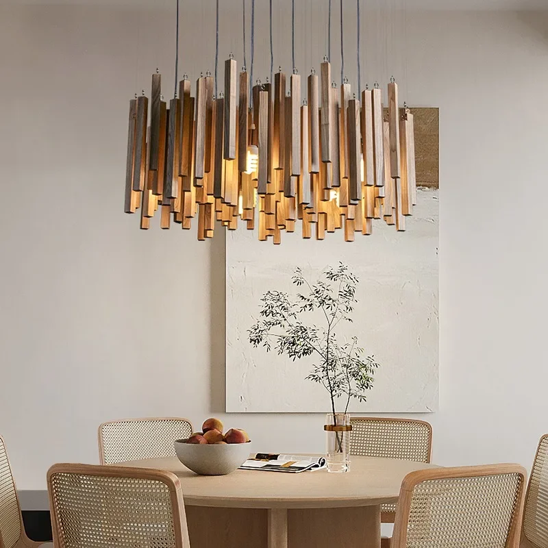 Retro Houten Kroonluchter Japans Design LED Verlichting voor Eetkamer Woonkamer Slaapkamer Hanglamp Sfeer | Sansoti