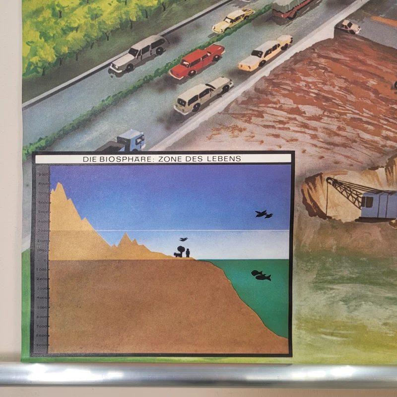 Vintage Schulwandkarte Bedrohte Umwelt – Lehrtafel Rollbild Wanddeko