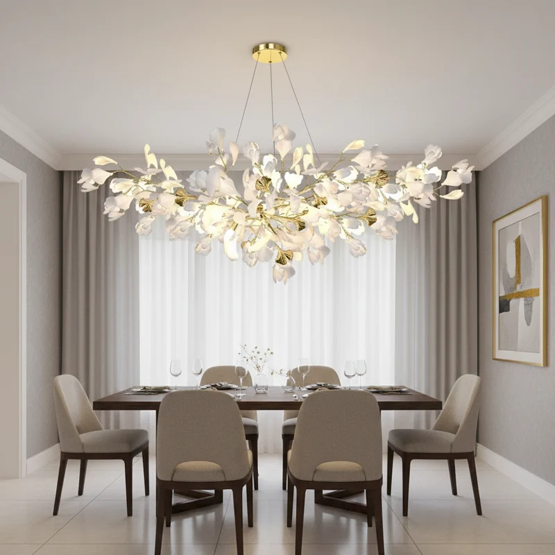 Keramische Hangkroonluchter Ginkgoblad Goudkleurig LED Eetkamer Woonkamer Hal Verstelbare Hoogte 150cm | Sansoti