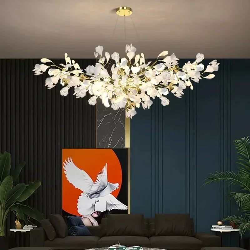 Keramische Hangkroonluchter Ginkgoblad Goudkleurig LED Eetkamer Woonkamer Hal Verstelbare Hoogte 150cm | Sansoti