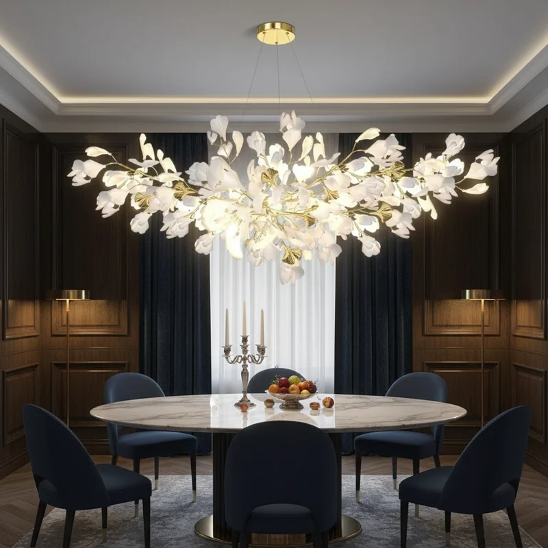 Keramische Hangkroonluchter Ginkgoblad Goudkleurig LED Eetkamer Woonkamer Hal Verstelbare Hoogte 150cm | Sansoti