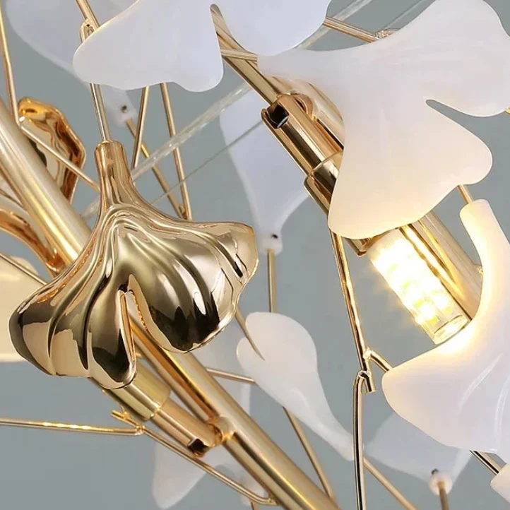 Keramische Hangkroonluchter Ginkgoblad Goudkleurig LED Eetkamer Woonkamer Hal Verstelbare Hoogte 150cm | Sansoti
