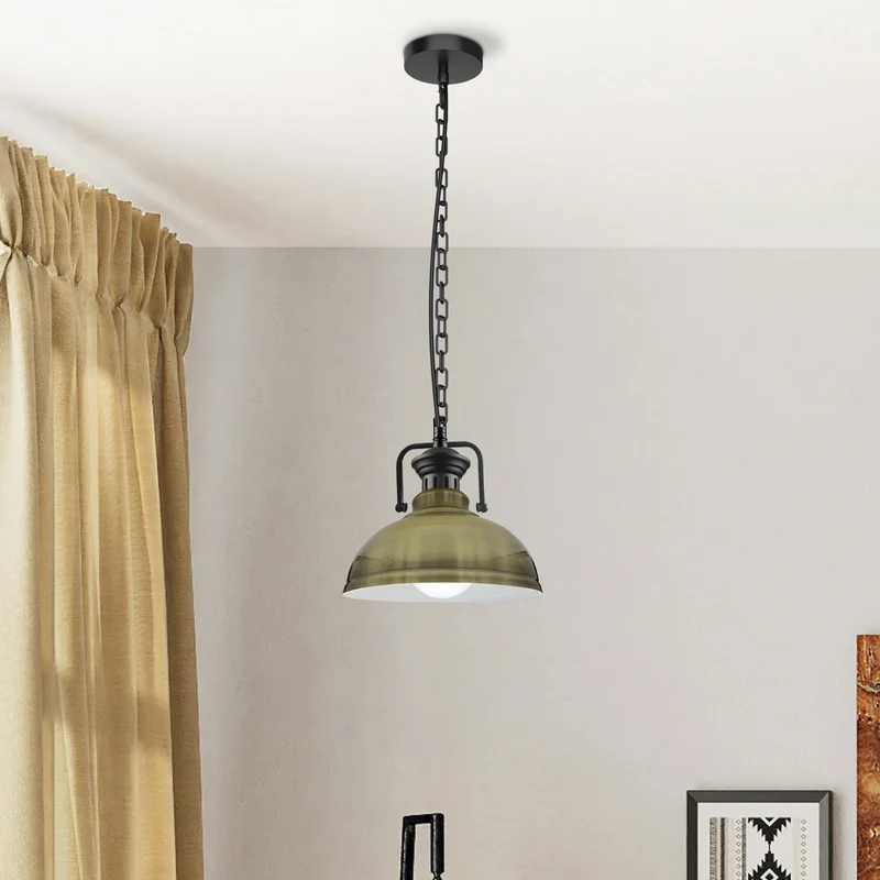 Verstellbare Grünes Messing-Vintage-Pendelleuchte – E27-Deckenlampe mit weiß beschichtetem Schirm ~3039