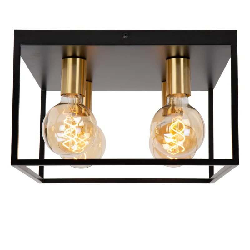Deckenleuchte Ruben 4-flammig quadratisch Retro Schwarz, Messing 36x36cm