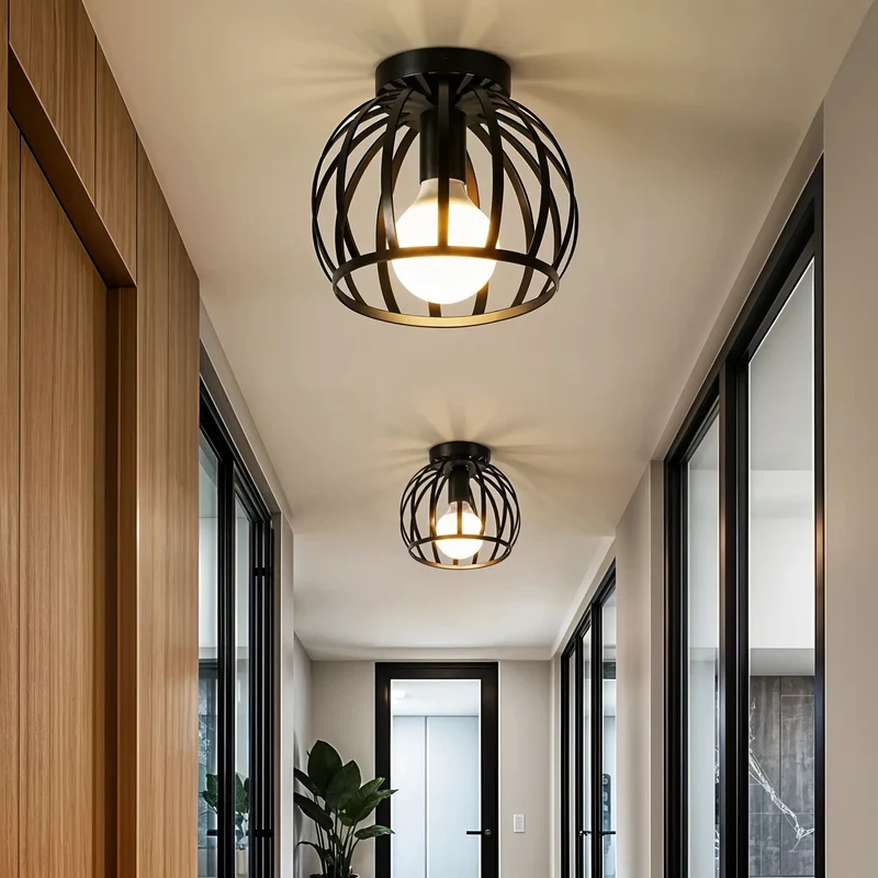 Plafondlamp Industrieel Zwart Metaal Open Kooi E27 Fitting Hal Slaapkamer Badkamer Vintage Stijl Verlichting | Sansoti