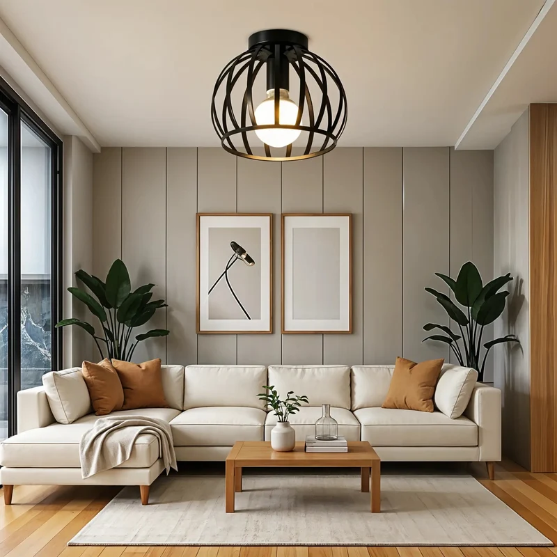 Plafondlamp Industrieel Zwart Metaal Open Kooi E27 Fitting Hal Slaapkamer Badkamer Vintage Stijl Verlichting | Sansoti