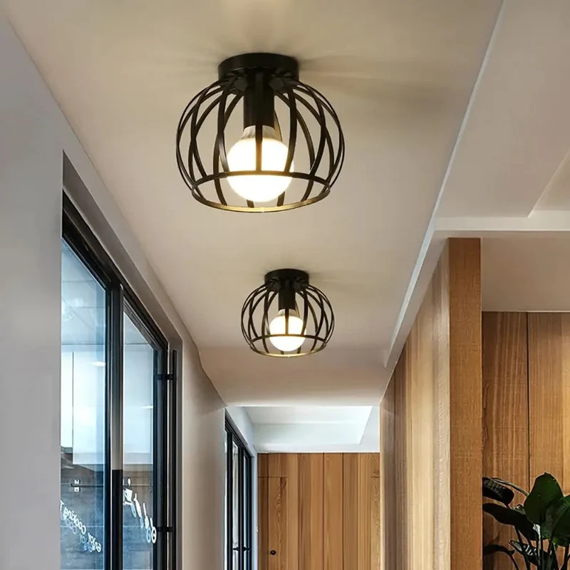Plafondlamp Industrieel Zwart Metaal Open Kooi E27 Fitting Hal Slaapkamer Badkamer Vintage Stijl Verlichting | Sansoti