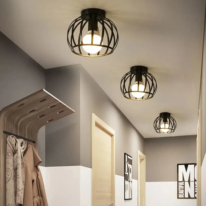Plafondlamp Industrieel Zwart Metaal Open Kooi E27 Fitting Hal Slaapkamer Badkamer Vintage Stijl Verlichting | Sansoti