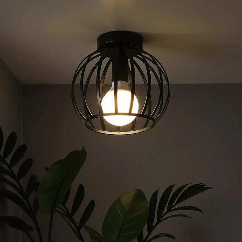 Plafondlamp Industrieel Zwart Metaal Open Kooi E27 Fitting Hal Slaapkamer Badkamer Vintage Stijl Verlichting | Sansoti