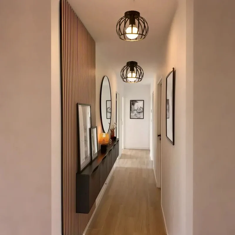 Plafondlamp Industrieel Zwart Metaal Open Kooi E27 Fitting Hal Slaapkamer Badkamer Vintage Stijl Verlichting | Sansoti