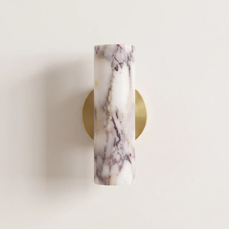 Marmeren Wandlamp Cilinder Geborsteld Messing Paarse Ader Natuursteen Verlichting voor Hal Slaapkamer Woonkamer | Sansoti