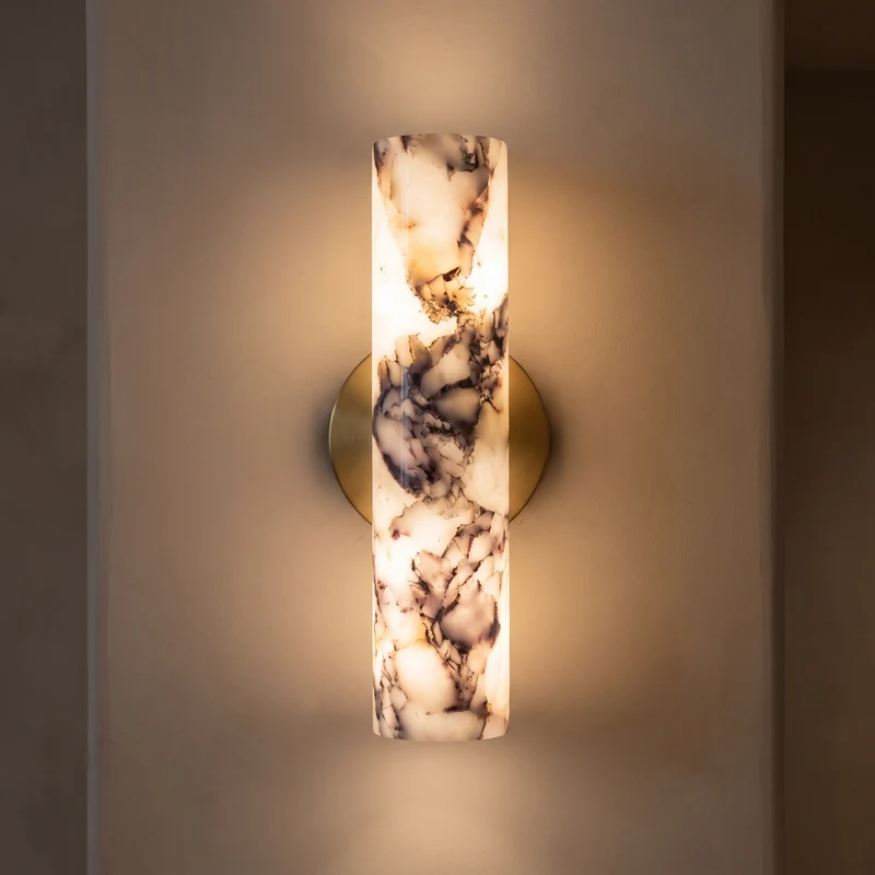 Marmeren Wandlamp Cilinder Geborsteld Messing Paarse Ader Natuursteen Verlichting voor Hal Slaapkamer Woonkamer | Sansoti