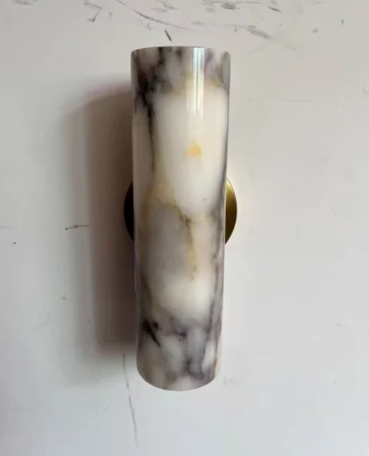 Marmeren Wandlamp Cilinder Geborsteld Messing Paarse Ader Natuursteen Verlichting voor Hal Slaapkamer Woonkamer | Sansoti