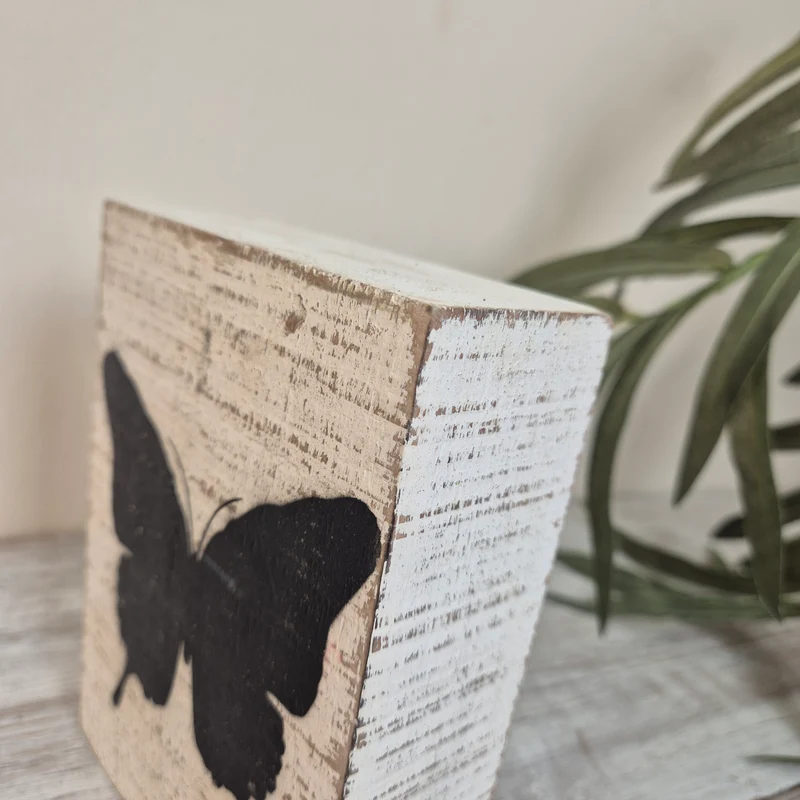 Dekorativer Block 15cm Holz Schmetterling Weiß Schwarz Deko