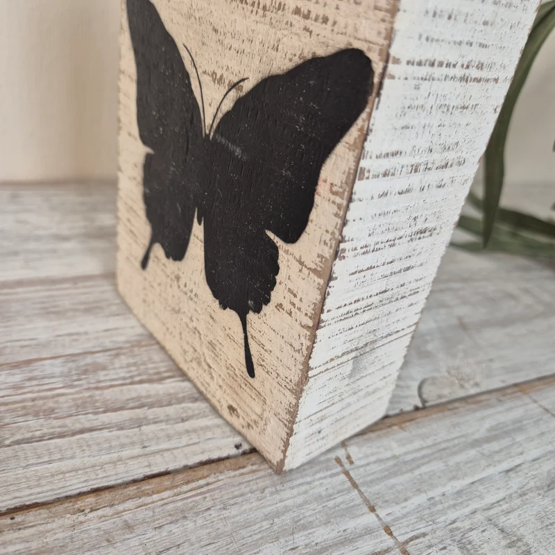 Dekorativer Block 15cm Holz Schmetterling Weiß Schwarz Deko