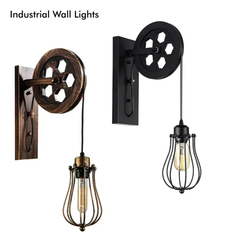 Vintage Wandlampe mit Riemenscheibe & Käfig-Schirm ~3171