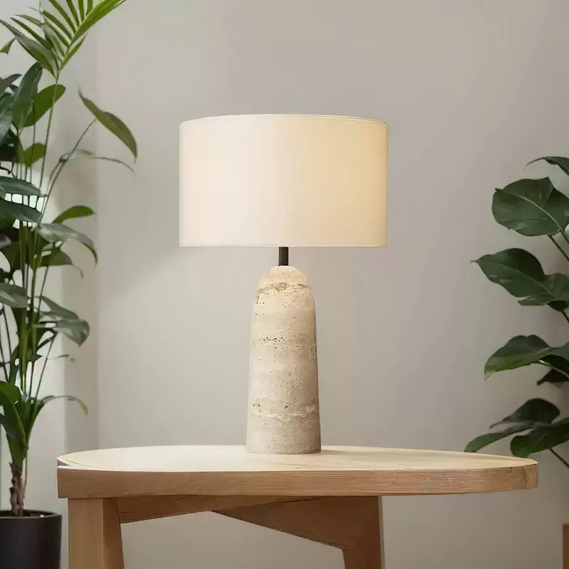 Natuursteen Tafellamp met Linnen Kap Beige Travertin Organisch Wabi-Sabi Design 30x46cm | Sansoti