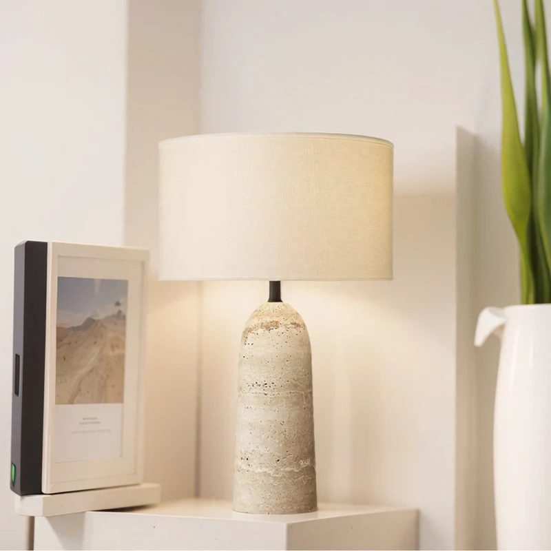 Natuursteen Tafellamp met Linnen Kap Beige Travertin Organisch Wabi-Sabi Design 30x46cm | Sansoti