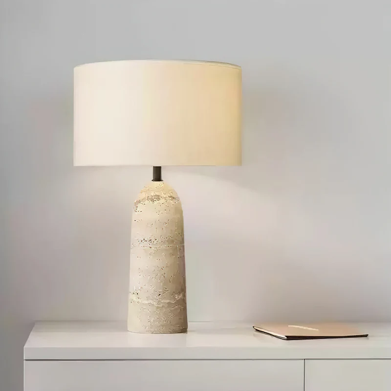 Natuursteen Tafellamp met Linnen Kap Beige Travertin Organisch Wabi-Sabi Design 30x46cm | Sansoti