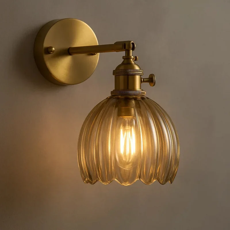 Wandlamp Verstelbaar met Geribbelde Glazen Kap Antiek Messing E27 Fitting Leeslamp Woonkamer Slaapkamer | Sansoti