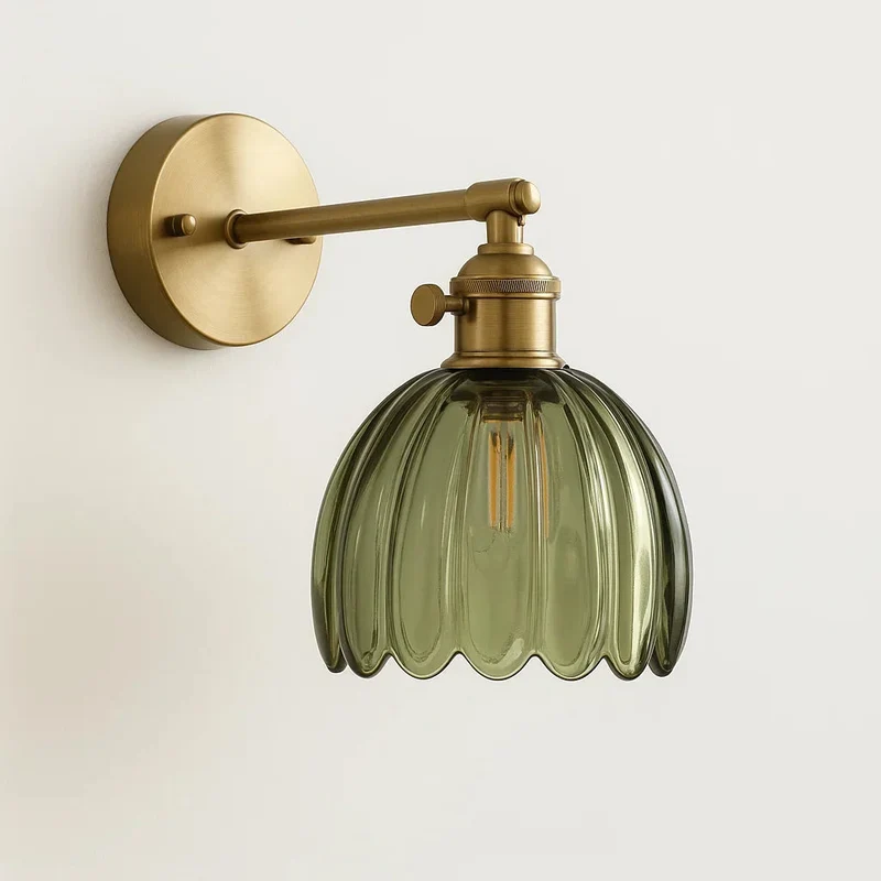 Wandlamp Verstelbaar met Geribbelde Glazen Kap Antiek Messing E27 Fitting Leeslamp Woonkamer Slaapkamer | Sansoti