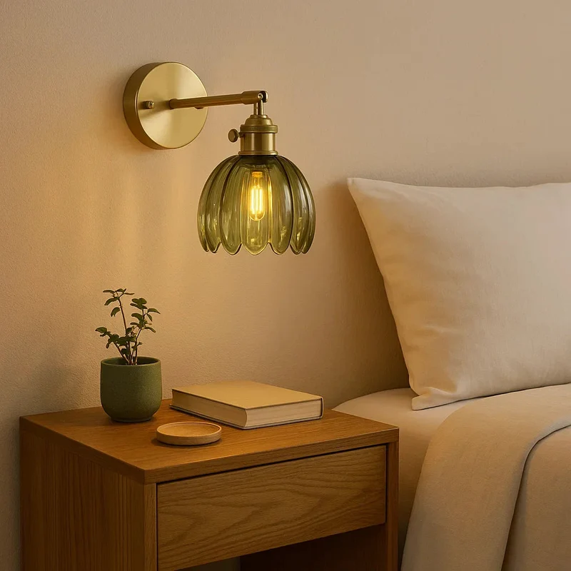 Wandlamp Verstelbaar met Geribbelde Glazen Kap Antiek Messing E27 Fitting Leeslamp Woonkamer Slaapkamer | Sansoti