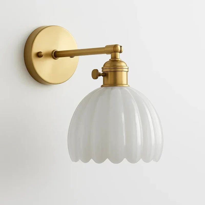 Wandlamp Verstelbaar met Geribbelde Glazen Kap Antiek Messing E27 Fitting Leeslamp Woonkamer Slaapkamer | Sansoti