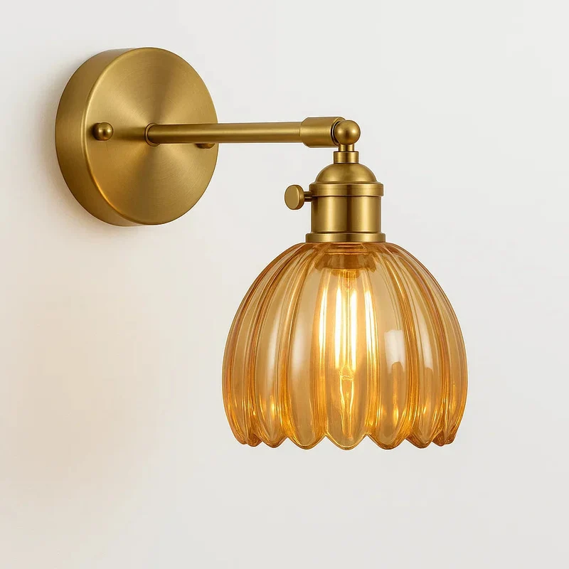Wandlamp Verstelbaar met Geribbelde Glazen Kap Antiek Messing E27 Fitting Leeslamp Woonkamer Slaapkamer | Sansoti