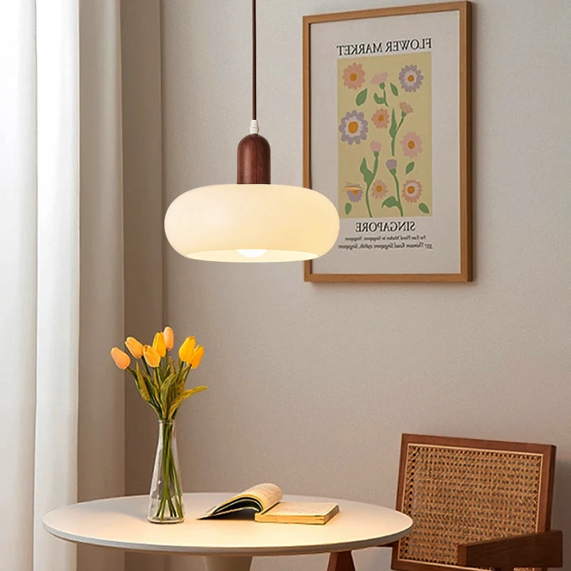 Hanglamp Crème Hout Glas Verstelbaar Snoer E27 Scandinavisch Design Eetkamer Bar Keuken Woonkamer Verlichting | Sansoti