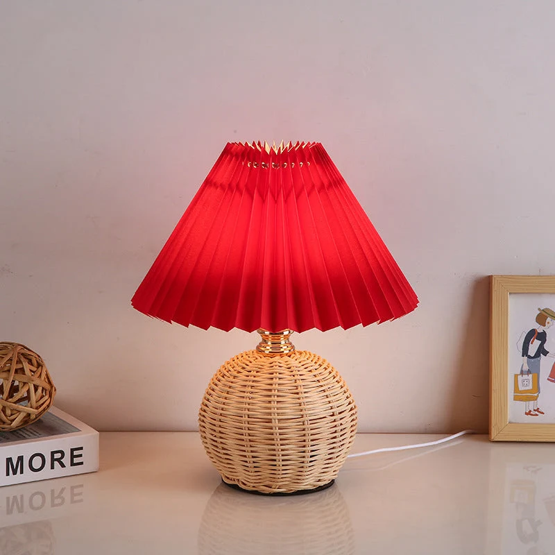 Rotan Tafellamp met Geplisseerde Stoffen Kap Dimbaar LED 3W USB Bureaulamp Sfeervol Scandinavisch Design | Sansoti