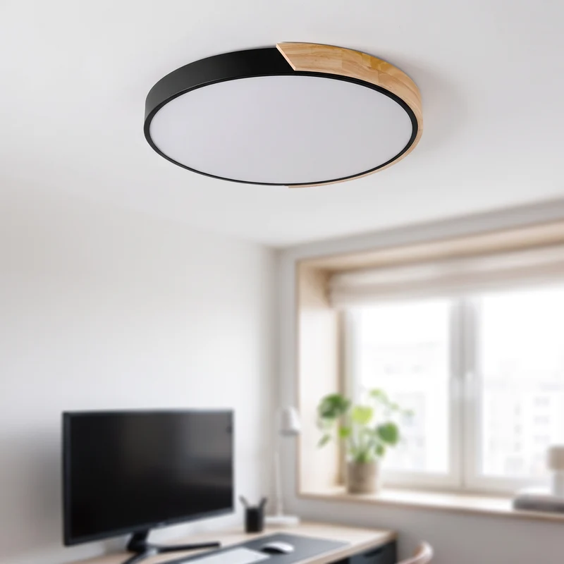 Zwarte Plafondlamp Rond 30 cm 24W LED Ingebouwd, Macaron Vorm met Houtaccent of Effen, Ook in 23 cm 12W | Sansoti