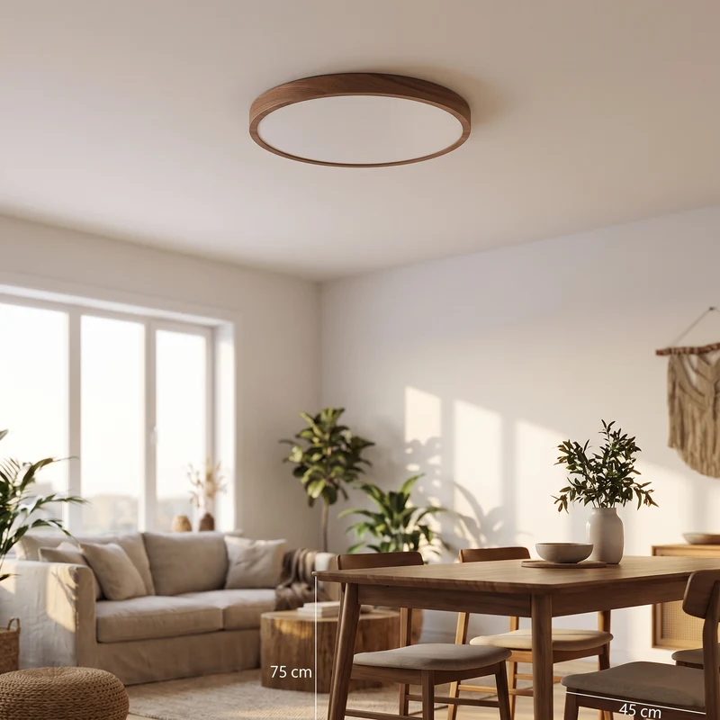 Plafondlamp Walnoot Houtlook Rond 30 cm, Ultradun 2,5 cm Metaal met Houtnerf, LED met 3 Lichtstanden | Sansoti
