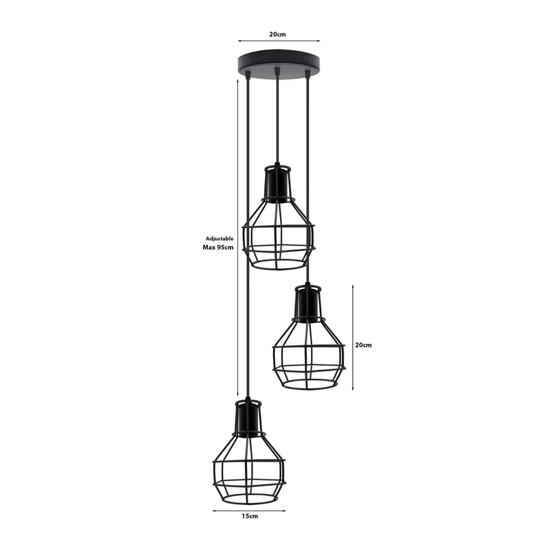 Retro Pendelleuchte 3 Flammig Cluster Käfig Schwarz E27~3148