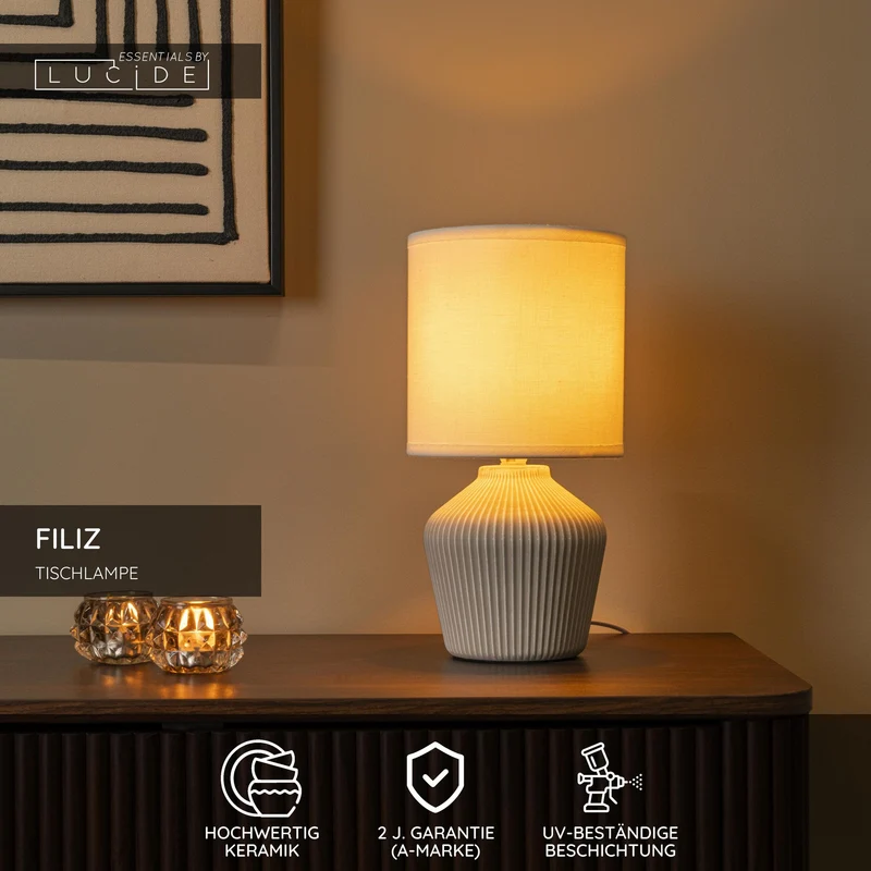 Tischleuchte Filiz 1-flammig mit Stoffschirm und Keramikfuß 31,5 cm