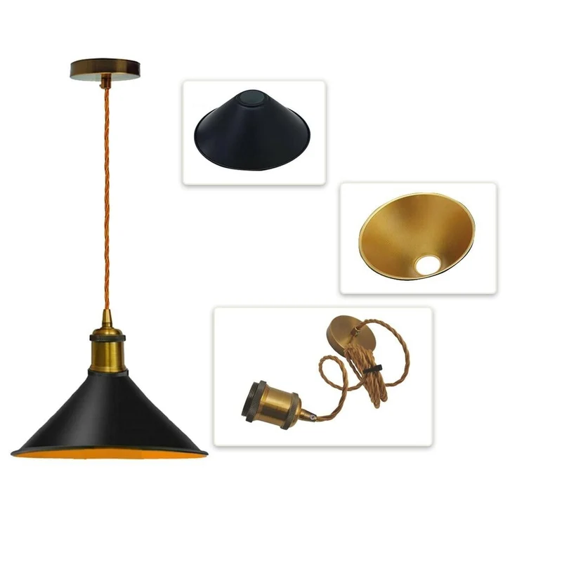 Schwarze Pendelleuchte mit goldenem Innenkegel~2930