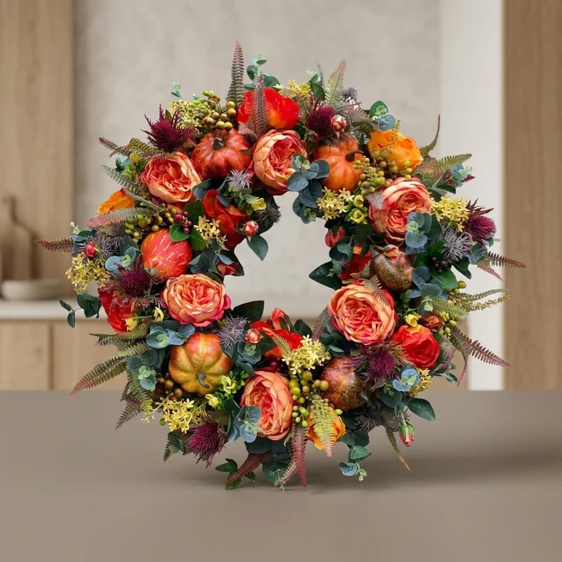 Herfstkrans Pompoen 40cm Rotan Sfeer Decoratie Deurkrans Herfst Thanksgiving Oranje Bruin Groen Seizoen | Sansoti
