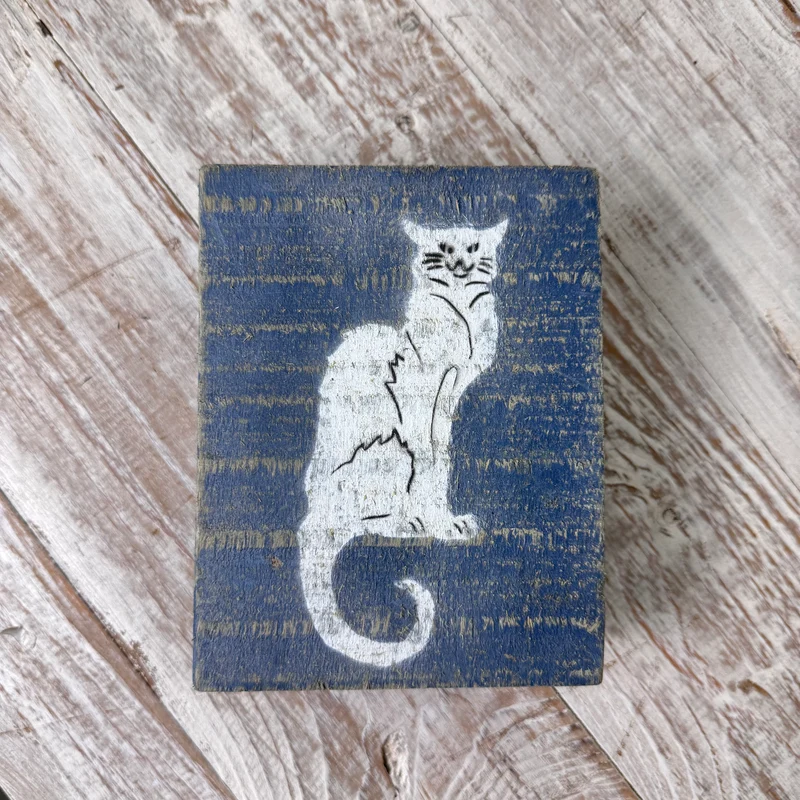 Holzblock 15cm Holz Katze Blau Weiß Vintage Shabby Deko