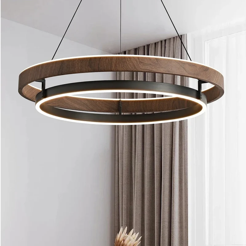 Ronde Kroonluchter Metaal Houtlook Scandinavisch Modern Hanglamp Dimbaar Woonkamer Eetkamer Slaapkamer | Sansoti