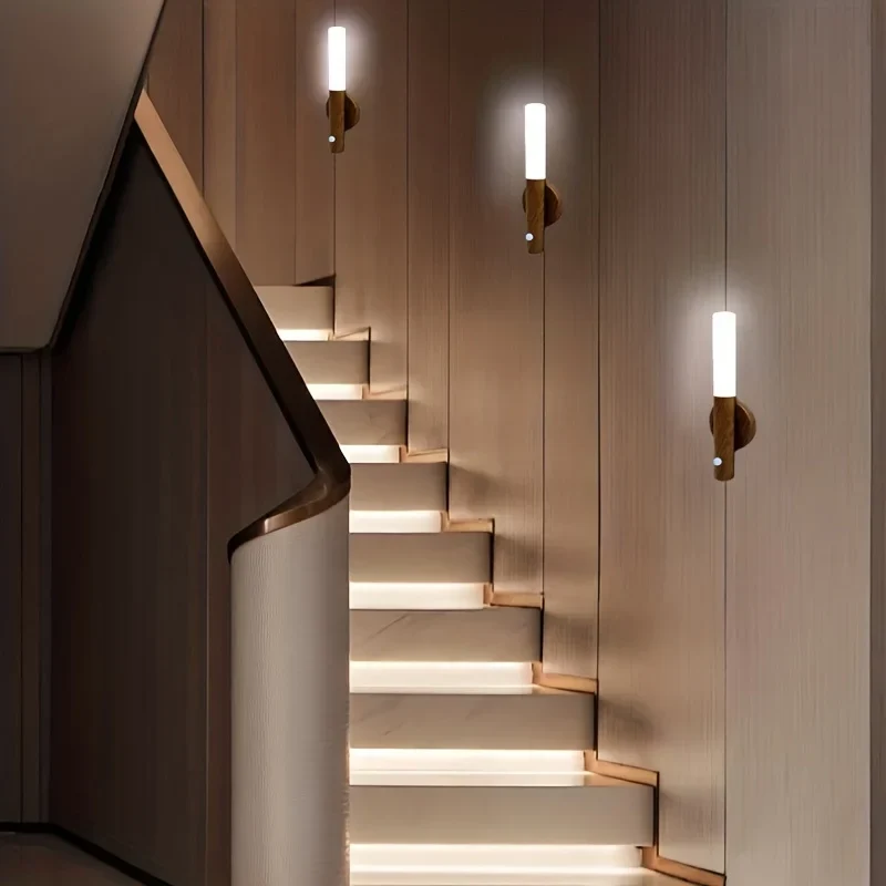 Bewegingssensor wandlamp LED oplaadbaar walnoot wit downlight slaapkamer gang badkamer modern verlichting | Sansoti