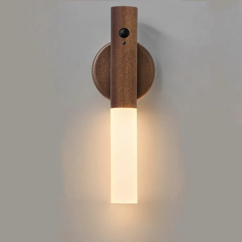 Bewegingssensor wandlamp LED oplaadbaar walnoot wit downlight slaapkamer gang badkamer modern verlichting | Sansoti