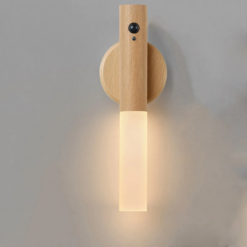 Bewegingssensor wandlamp LED oplaadbaar walnoot wit downlight slaapkamer gang badkamer modern verlichting | Sansoti