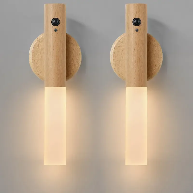 Bewegingssensor wandlamp LED oplaadbaar walnoot wit downlight slaapkamer gang badkamer modern verlichting | Sansoti