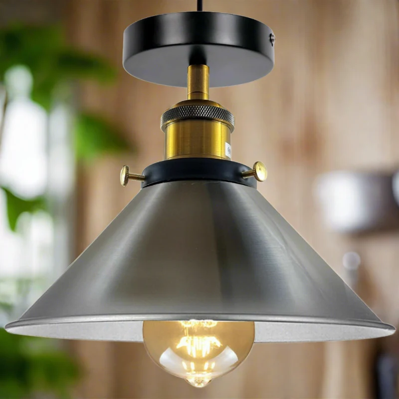 LED Satinnickel Deckenleuchte E27 Rund Schirm Ø 22cm Kegelform~2988